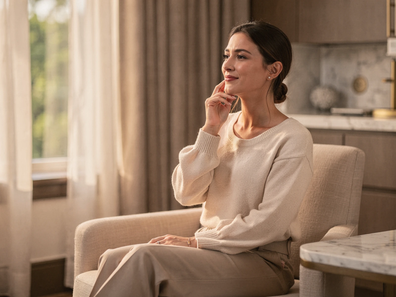 Woman in home setting touching her cheek, suggesting dental discomfort or pain